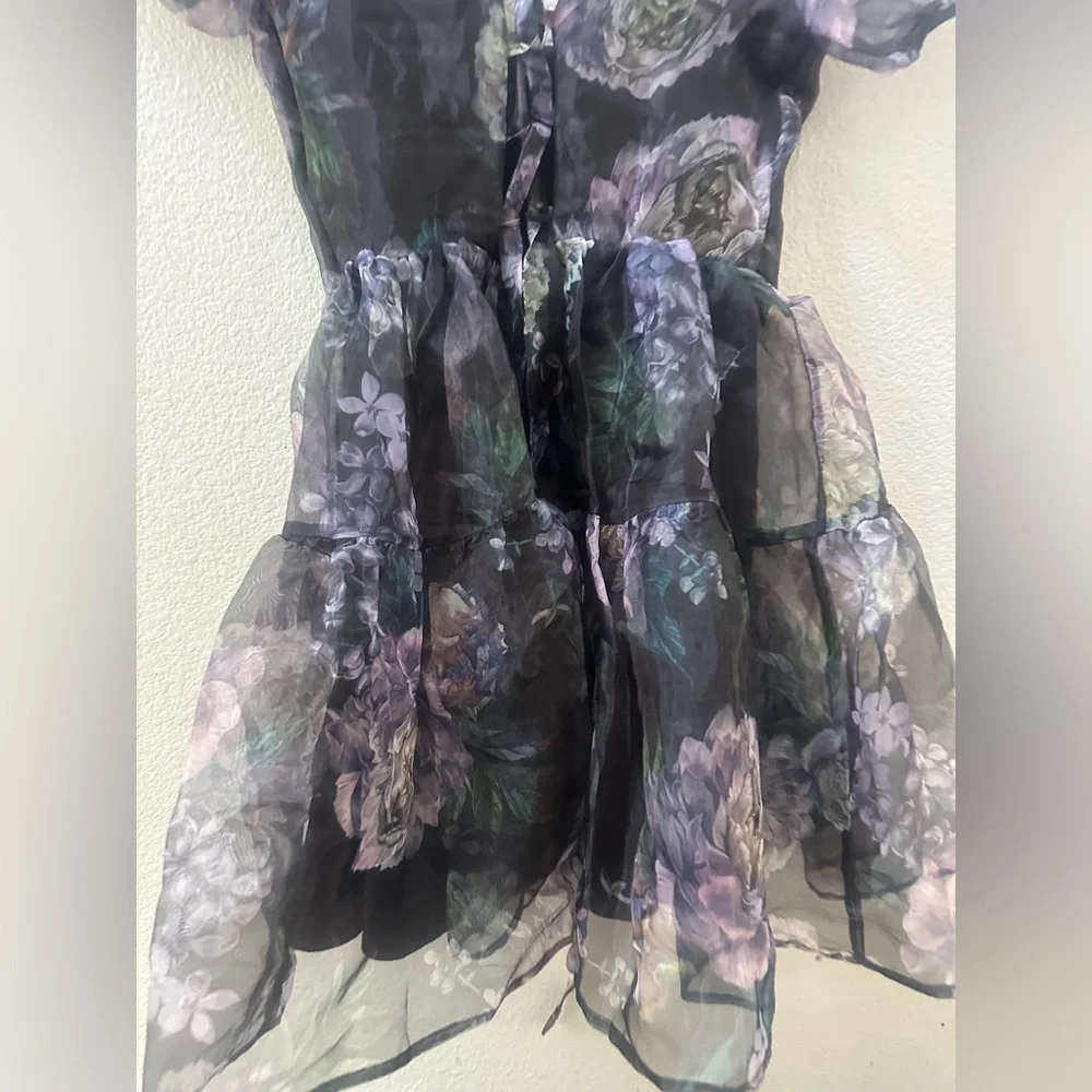 Lulus Exceptional Fate Black Floral Organza Puff Sleeve Mini Dress women’s S - Picture 4 of 9